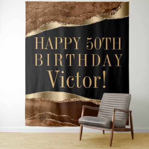 Mans Birthday Party Backdrop Brown Gold Agate