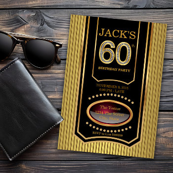 Mans Black Gold 60th Birthday Party Invitation by InvitationCentral at Zazzle