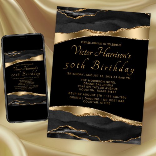 Mans Black Gold Agate Birthday Party  Invitation
