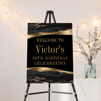 Mans Black Gold Birthday Party Welcome Sign