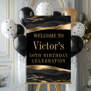 Mans Black Gold Birthday Party Welcome Sign