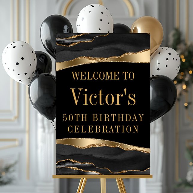 Mans Black Gold Birthday Party Welcome Sign (Black gold any occasion welcome sign. Simply add your event details.)