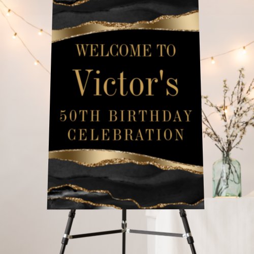 Mans Black Gold Birthday Party Welcome Sign