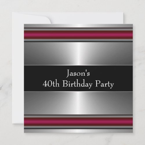 Mans Black Red Silver Classy 40th Birthday Party Personalized Invites