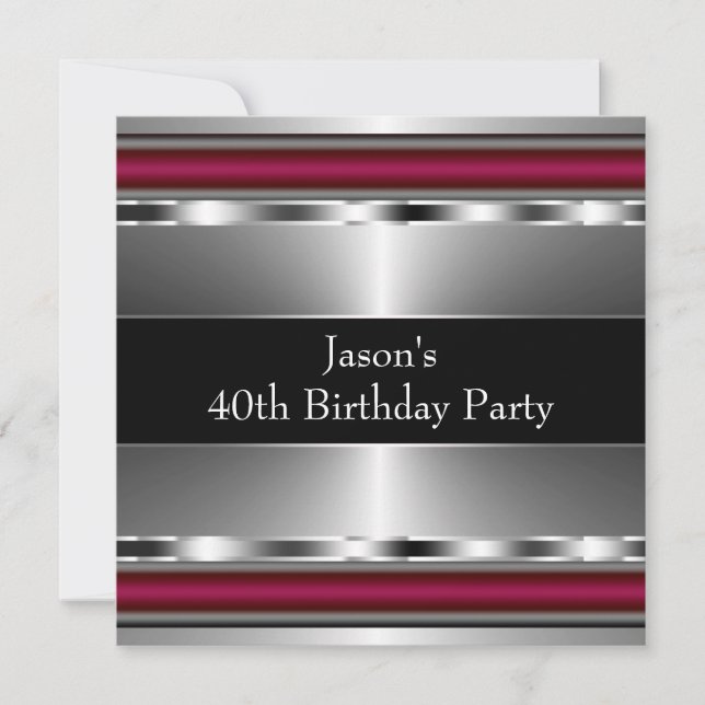 Mans Black Red Silver Classy 40th Birthday Party Invitation (Front)