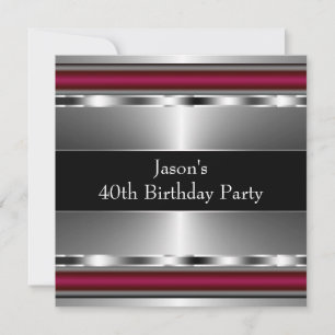 Mans Black Red Silver Classy 40th Birthday Party Invitation