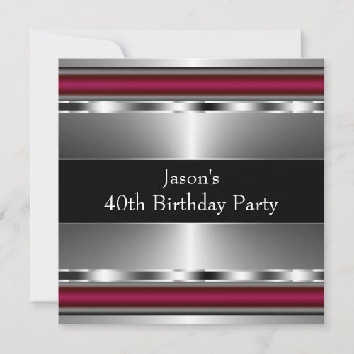 Mans Black Red Silver Classy 40th Birthday Party Custom Announcements