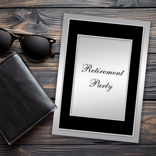 Mans Black Silver Retirement Party Invitation (Mans classic retirement party invitation. All text, font and wording can be changed for your event.)