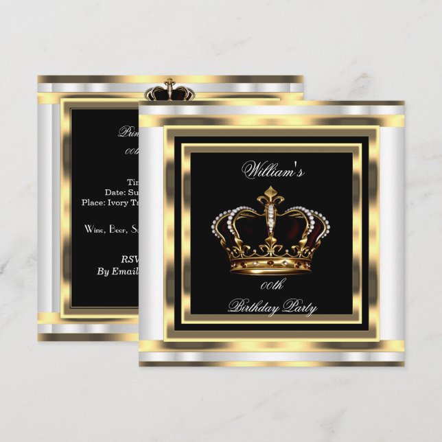 Mans Black Silver White Gold Birthday Prince King Invitation (Front/Back)