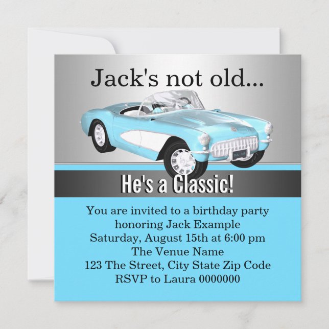 Mans Blue Antique Car Birthday Party Invitation (Front)