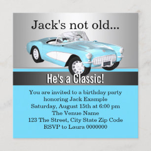 Mans Blue Antique Car Birthday Party Invitation