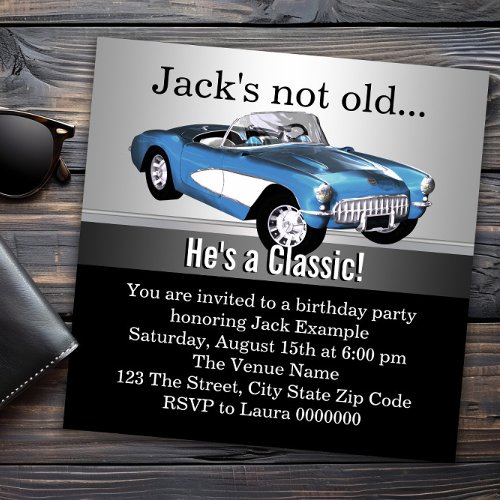 Mans Blue Antique Car Birthday Party Invitation