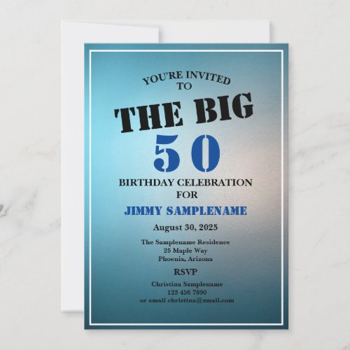 Mans Blue Birthday Party Celebrating The Big Year Invitation