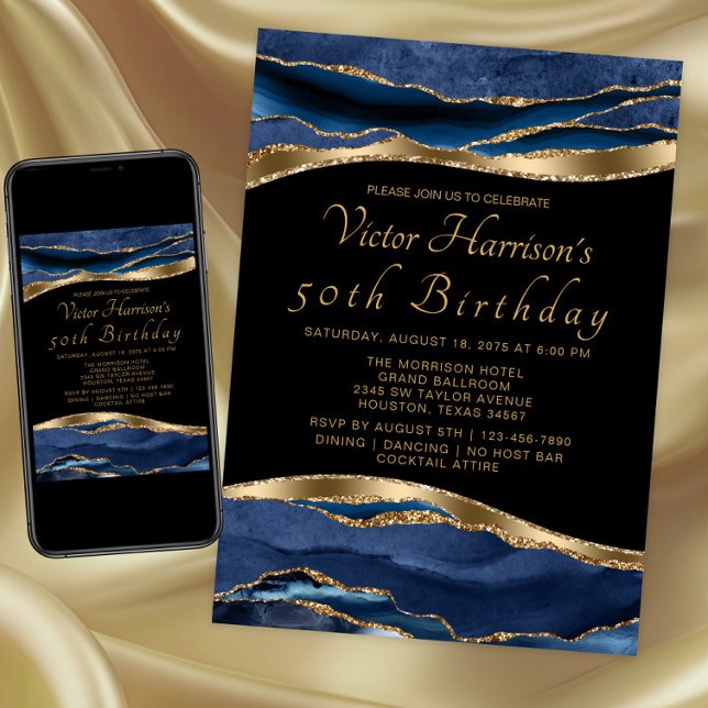 Mans Blue Gold Agate Birthday Party Invitation (Blue gold any event invitation. Instant download and printed invitations available.)