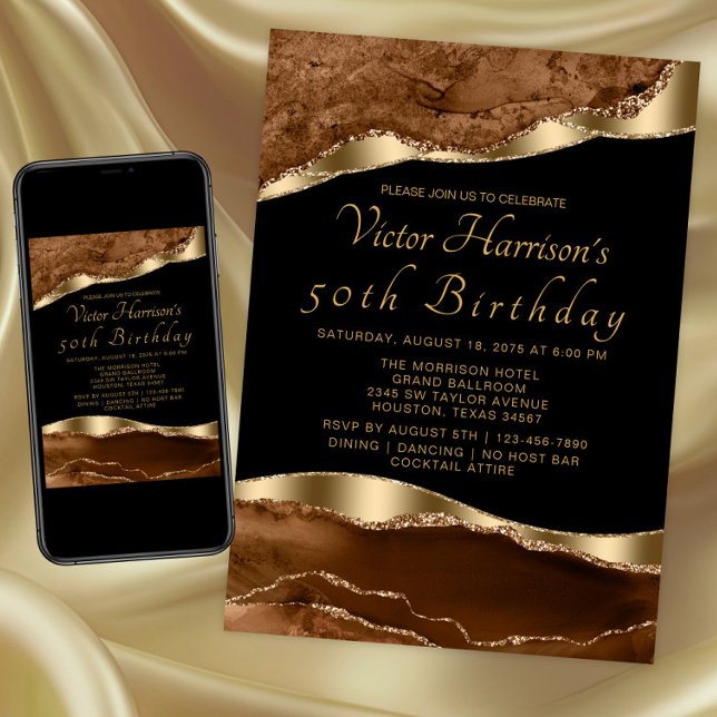 Mans Brown Black Gold Agate Birthday Party Invitation (Brown gold any occasion invitation. Instant download and printed invitations available.)