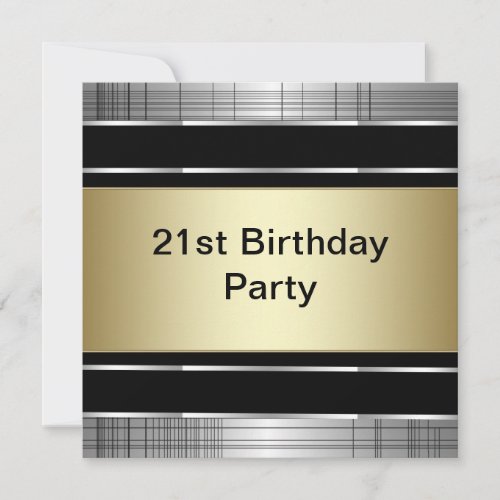 Mans Classy Black Silver Gold 21st Birthday Party Invitation