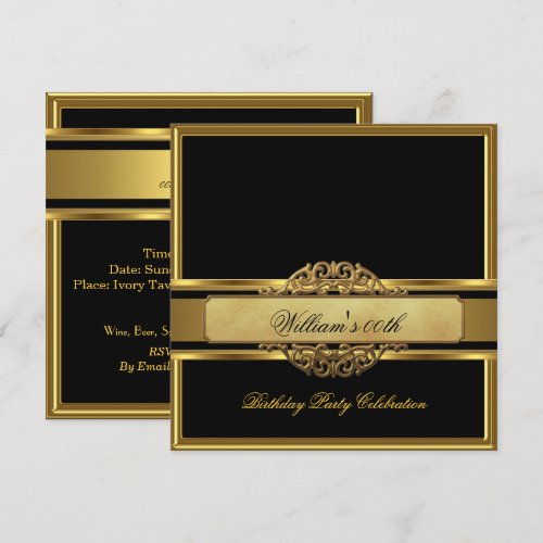 Mans Elegant Black Gold Birthday Party Mens Custom Invitation