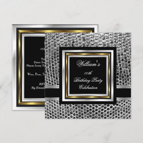 Mans Elegant Black Gold Silver Birthday Party Mens 5.25x5.25 Square Paper Invitation ...