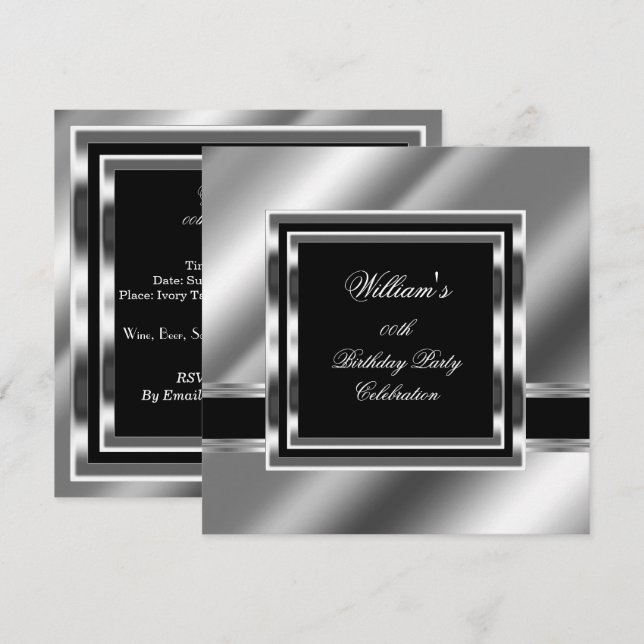 Mans Elegant Black Silver Birthday Party Mens 2 Invitation (Front/Back)