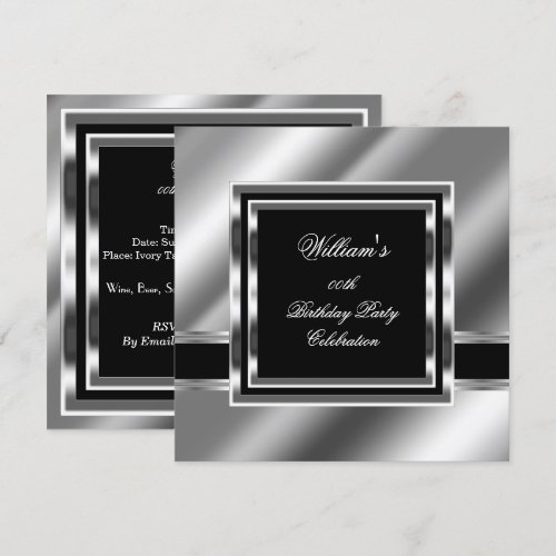 Mans Elegant Black Silver Birthday Party Mens 2 5.25x5.25 Square Paper Invitation Car...