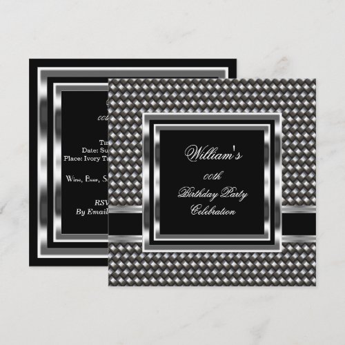 Mans Elegant Black Silver Birthday Party Mens Invitations