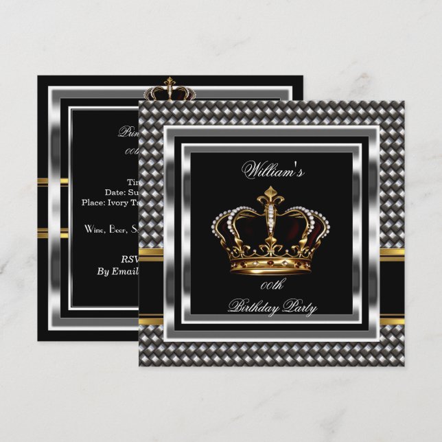 Mans Elegant Black Silver Birthday Prince King Invitation (Front/Back)