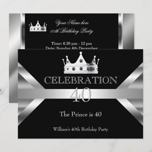 Mans Elegant Black Silver Prince King Birthday Invitation (Front/Back)