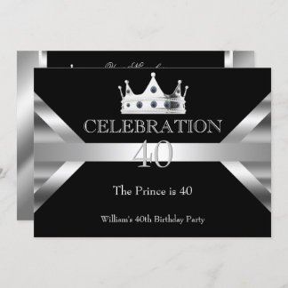 Mans Elegant Black Silver Prince King Birthday Invitation