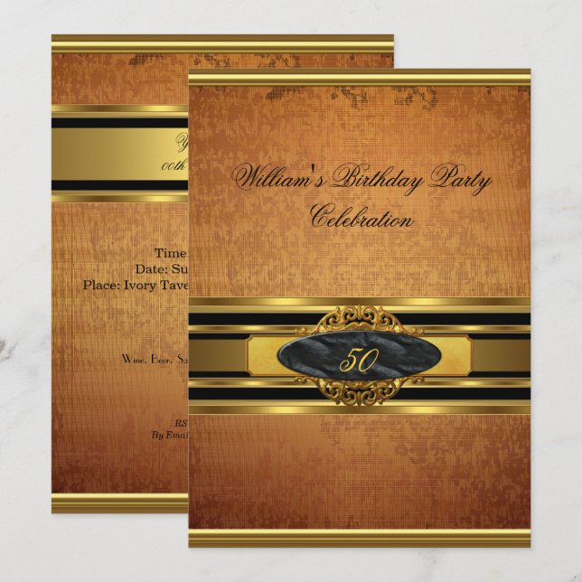 Mans Elegant Rustic Brown Gold Birthday Party Mens Invitation (Front/Back)