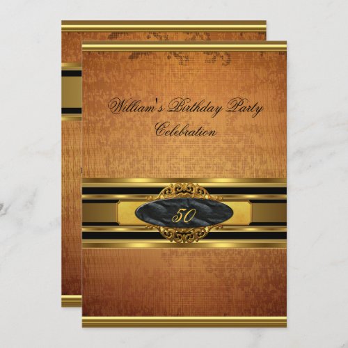 Mans Elegant Rustic Brown Gold Birthday Party Mens Invitation