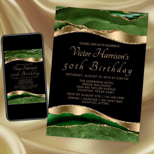 Mans Emerald Green Gold Agate Birthday Party Invitation (Emerald green gold any event invitation. Instant download and printed invitations available.)