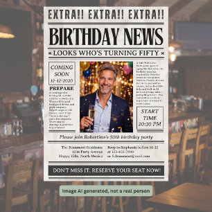 Man's Funny Newspaper Photo 50th Birthday Invitation