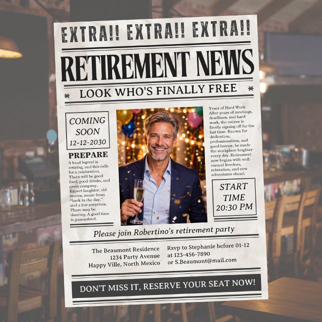 Man's Funny Newspaper Photo Retirement Party  Invitation (Creator Uploaded)