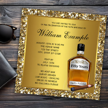 Mans Gold Aged To Perfection Whiskey Birthday Invitation by InvitationCentral at Zazzle