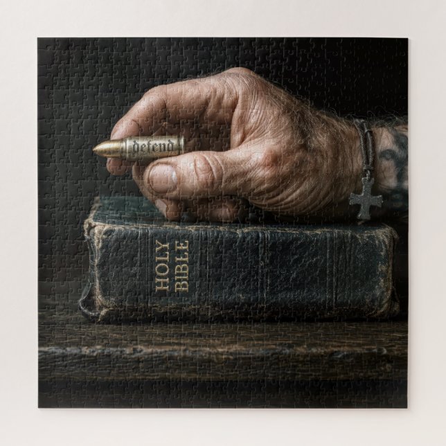 Man's Hand Holding a Bullet Jigsaw Puzzle (Vertical)