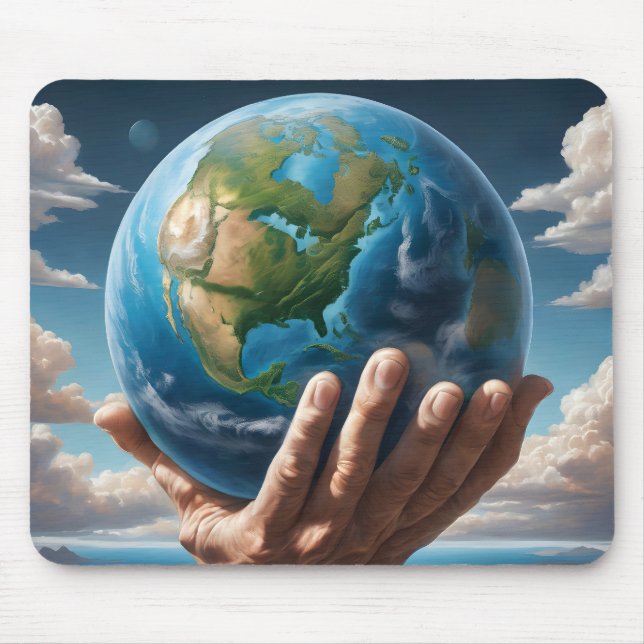 Man's Hands Holding Planet Earth Mouse Pad (Front)