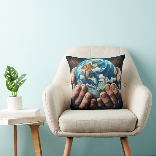 Man's Hands Holding Planet Earth Throw Pillow (Chair)