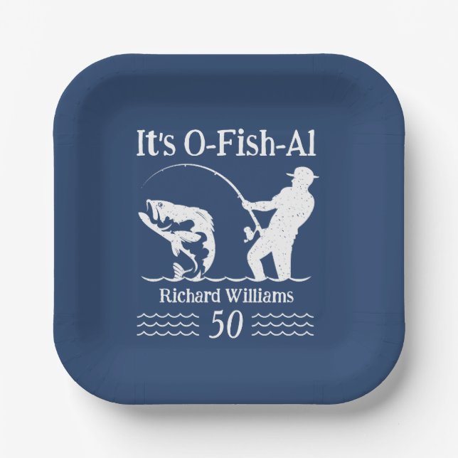 Man's It's O-fish-al Fisherman 50th Birthday Party Paper Plates (Front)