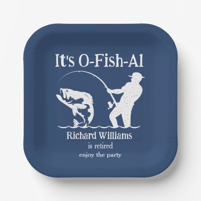 Man's It's Ofishal Fisherman Retirement Party Paper Plates (Front)