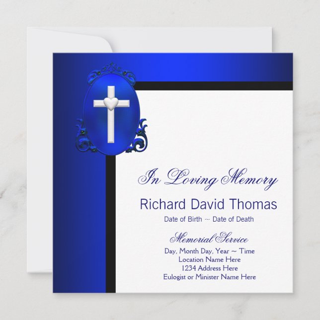 Mans Navy Blue Cross In Loving Memory Memorial Invitation (Front)