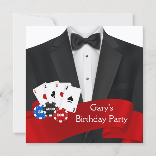 Black Tuxedo Mans Poker Birthday Party Announcement