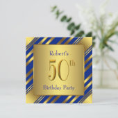 Mans Royal Blue and Gold 50th Birthday Party Invitation (Standing Front)