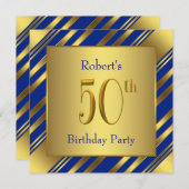 Mans Royal Blue and Gold 50th Birthday Party Invitation (Front/Back)