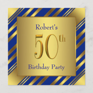 Mans Royal Blue and Gold 50th Birthday Party Invitation