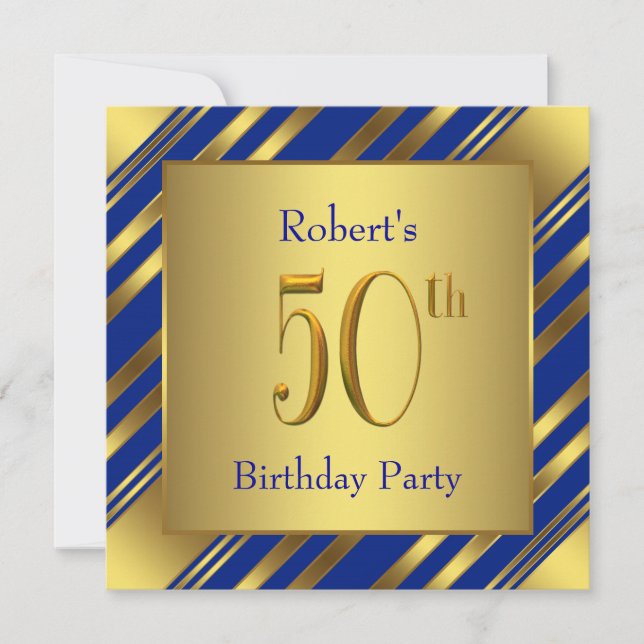 Mans Royal Blue and Gold 50th Birthday Party Invitation (Front)