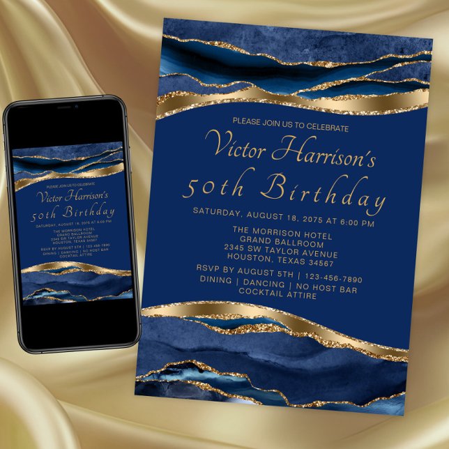 Mans Royal Blue Gold Agate Birthday Party Invitation (Blue gold any event invitation. Instant download and printed invitations available.)