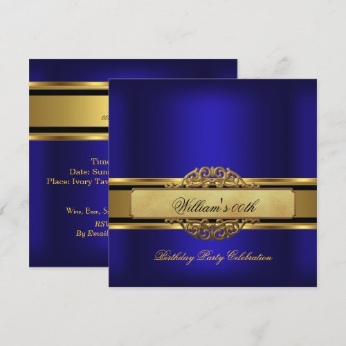 Mans Royal blue Gold Birthday Party Mens Custom Invite