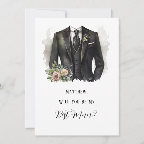 Mans Suit and Floral Will You Be My Best Man Invitation