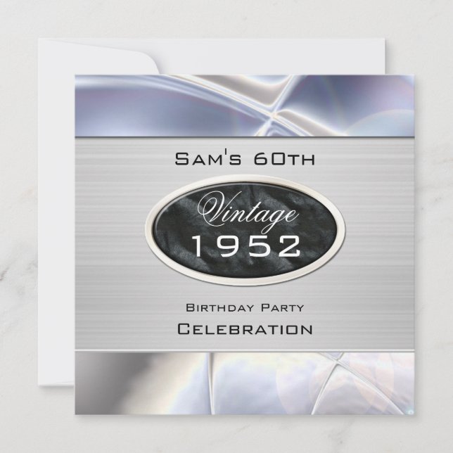 Mans Vintage 60th Silver Metal Black Birthday Invitation (Front)