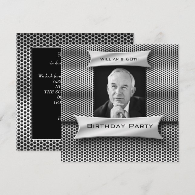 Mans Vintage 60th Silver Metal Black Birthday Invitation (Front/Back)